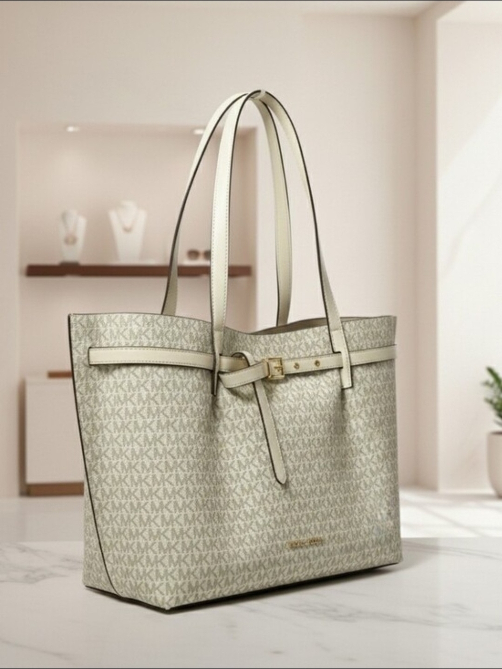 Michael Kors 'Emilia' Signature Logo Tote in Light Beige